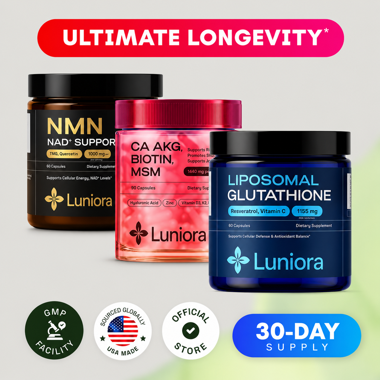 Ultimate Longevity Bundle - NMN, Glutathione, CA AKG, Biotin